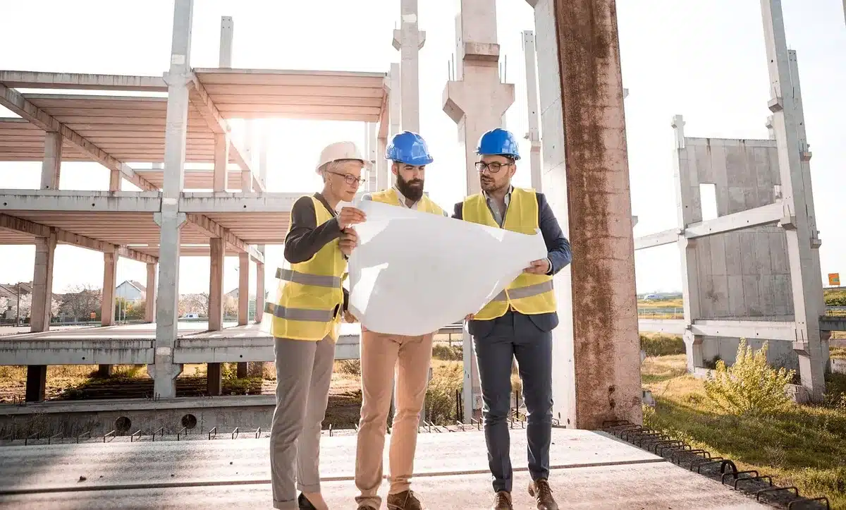 Réunion d'équipe de rénovation avec plans et documents sur une table